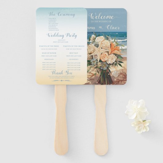 Aan zee thema bruiloft programma Set van fans Handwaaier (Voorkant en achterkant)