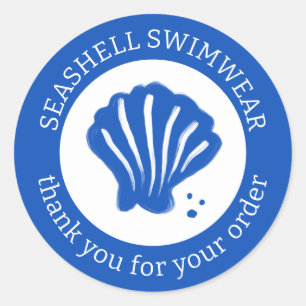 AANBESTEDING BEDANKT Zeeschelp Strand Blauw Wit MA Ronde Sticker