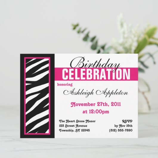 Aanbesteding Zebra Print Side Fuchsia Birthday Par Kaart (Staand voorkant)