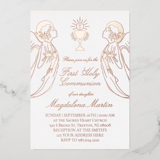 Aanbiddende engelen Eerste Heilige Communie Folie Uitnodiging (Voorkant)
