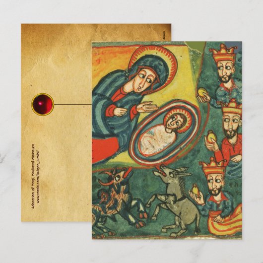 AANBIDDING VAN MAGI, GEBOORTE KERSTPERKAMENT FEESTDAGENKAART (Voorkant / Achterkant)