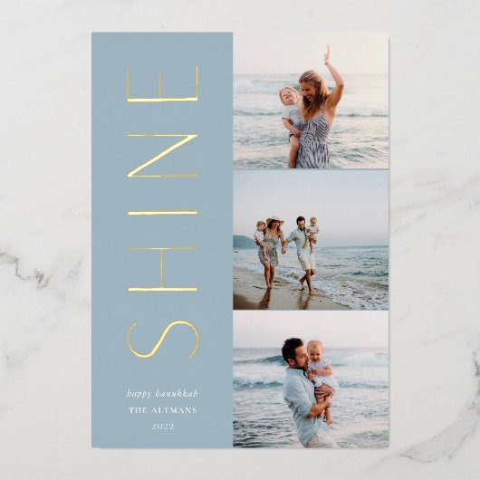 Aanbieding | Modern 3 Foto Collage Hanukkah Folie Feestdagenkaart (Voorkant)