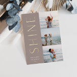 Aanbieding | Modern 3 Foto Collage Hanukkah Folie Feestdagenkaart<br><div class="desc">Een chic en elegant Hanukkah kaartontwerp met drie foto's die rechts in een verticale lay-out worden uitgelijnd. "Shine" staat naast je foto in een modern soort gouden folie. Pas uw persoonlijke familienaam aan met de aangepaste Hanukkah-groet hieronder voor de perfecte afwerking van deze coole,  minimalistische vakantiefoto-kaarten.</div>