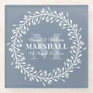 Aandenken Nieuwgehuwd Paar Blauwe Krans Monogram Glazen Onderzetter