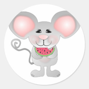 aandoenlijke grijze muis die watermeloen vasthoudt ronde sticker
