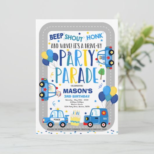 Aandrijving door de Birthday Parade Invitation Pol Kaart (Staand voorkant)