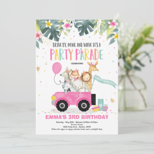 Aandrijving door de Birthday Parade Invitation Saf Kaart (Staand voorkant)