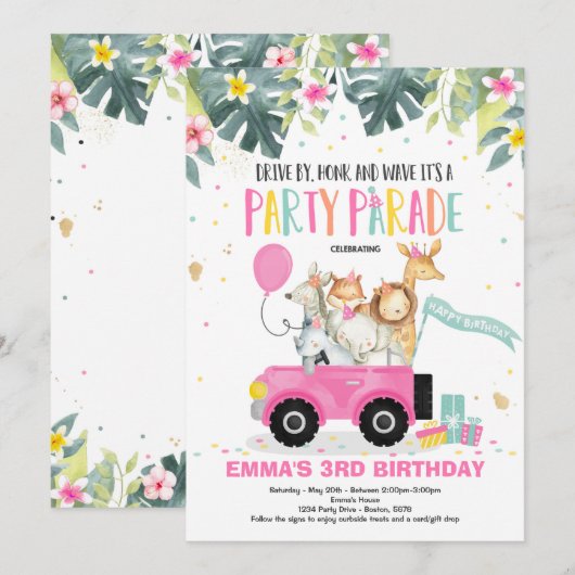 Aandrijving door de Birthday Parade Invitation Saf Kaart (Voorkant / Achterkant)