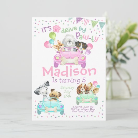 Aandrijving door Uitnodiging, Puppy Birthday Uitno Kaart (Staand voorkant)