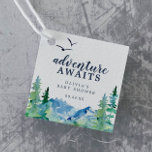 Aanduiding van het Rocky Mountain-Baby shower Bedankjes Labels<br><div class="desc">Deze rotsachtige baby shower avontuur wacht op gunstlabels zijn perfect voor een baby shower in de openlucht. Het ontwerp is voorzien van een blauw en groen geverfd wildernis-landschap met waterverf pijnbomen, vogels en bergen. Pas deze labels met de naam van de gast van eer en datum aan. Verander de formulering...</div>