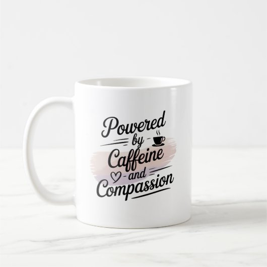 Aangedreven door cafeïne en compassie koffiemok (Links)