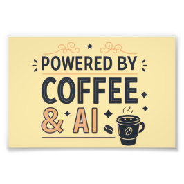 Aangedreven door Coffee & AI Retro Tech Vector Foto Afdruk