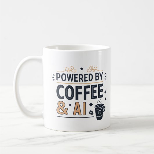 Aangedreven door Coffee & AI Retro Tech Vector Koffiemok (Links)