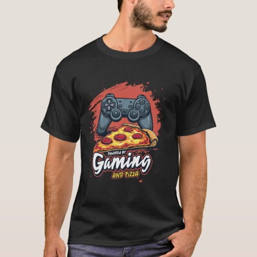 Aangedreven door Gaming en Pizza Video Games Lover T-shirt (Voorkant)