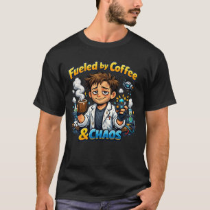 Aangedreven door koffie en chaos – Grappige wetens T-shirt
