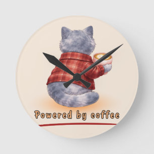 "Aangedreven door koffie" kat die een kopje koffie Ronde Klok