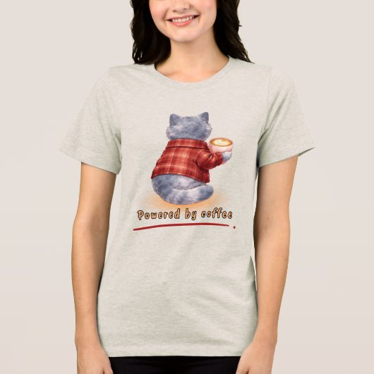 "Aangedreven door koffie" kat die een kopje koffie Tri-Blend Shirt (Voorkant)