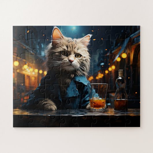 Aangeklede kat in café bij nacht legpuzzel (Horizontaal)