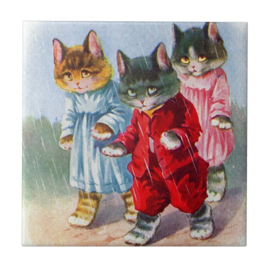 Aangeklede kittens in de regen in 1930 tegeltje (Voorkant)
