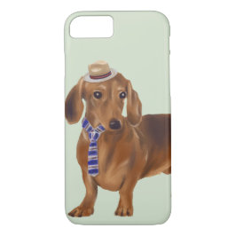 Aangeklede teckel (achtergrondkleur bewerkbaar) 	iPhone 8/7 hoesje