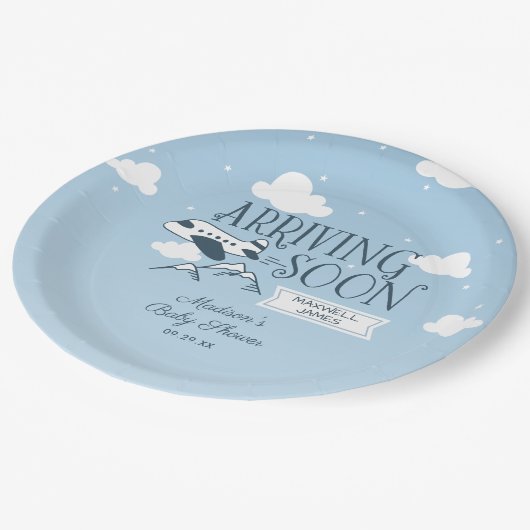 Aangekomen binnenkort vliegtuig Baby shower uitnod Papieren Bordje (Gekanteld)
