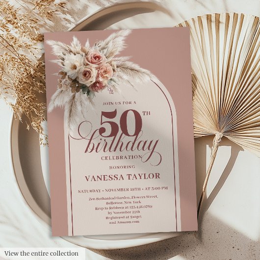 Aangename Boho Stof Roze Pampas Bloem 50e Kaart