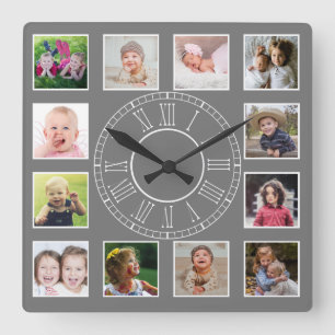 Aangepast 12 Familie Foto Collage Gray Roman Numer Vierkante Klok