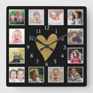 Aangepast 12 Foto-Collage Black en Gold Heart Vierkante Klok