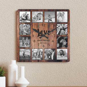 Aangepast 12 Foto Collage Family Love Reclam Wood Vierkante Klok