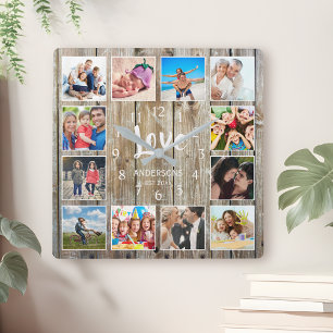 Aangepast 12 Foto Collage Family Love Reclam Wood Vierkante Klok