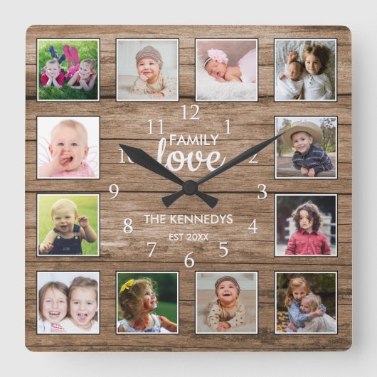 Aangepast 12 Foto Collage Family Love Rustic Wood Vierkante Klok (Voorkant)