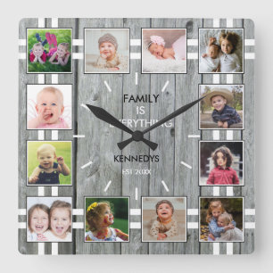 Aangepast 12 Foto Collage Gray Wood Family Quote Vierkante Klok