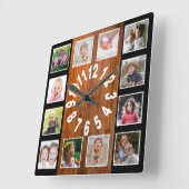 Aangepast 12 Foto Collage Rustic Brown Wood Black Vierkante Klok (Hoek)