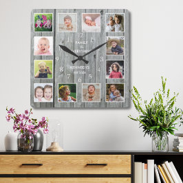 Aangepast 12 Foto collage Rustic Gray Wood Vierkante Klok