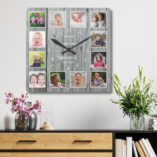 Aangepast 12 Foto collage Rustic Gray Wood Vierkante Klok