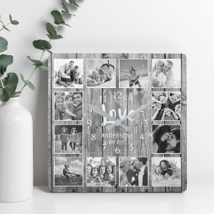 Aangepast 12 Foto collage Rustic Gray Wood Vierkante Klok