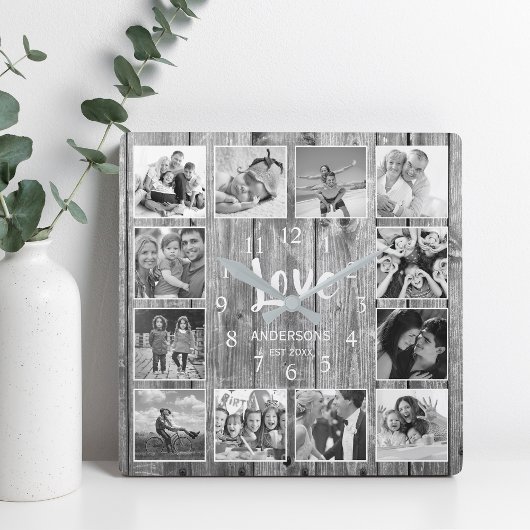 Aangepast 12 Foto collage Rustic Gray Wood Vierkante Klok