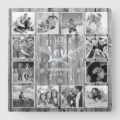 Aangepast 12 Foto collage Rustic Gray Wood Vierkante Klok (Voorkant)