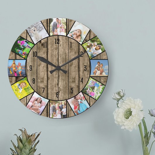 Aangepast 12 Foto collage Rustic Natural Wood Roun Grote Klok