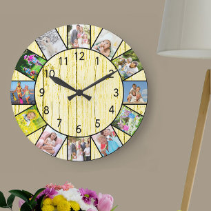 Aangepast 12 fotocollage Rustic Cream Wood Rond Grote Klok