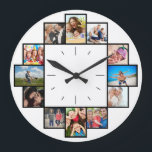 Aangepast 12 geheugenpennen Familie Foto Collage Grote Klok<br><div class="desc">Creëer uw eigen persoonlijke familieklek van de collage van de foto met uw douane afbeeldingen. Voeg uw favoriete foto's, design of kunstwerken toe aan iets echt unieks te creëer. Om deze sjabloon van het ontwerp uit te geven, klik "Verandering"en upload uw eigen afbeelding zoals hierboven getoond. Klik op 'Aanpassen' om...</div>