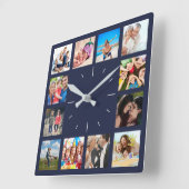 Aangepast 12 Keepomwille Family Photo Collage Navy Vierkante Klok (Hoek)