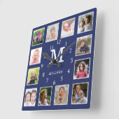 Aangepast 12 Monogram blauw fotocollage familienaa Vierkante Klok (Hoek)