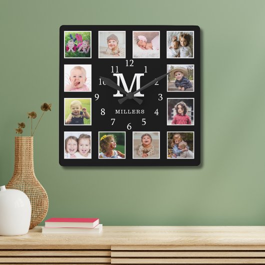 Aangepast 12 Monogram zwart voor foto-collage fami Vierkante Klok