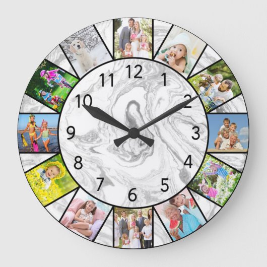 Aangepast 12 Photo Collage Gray White Marble Round Grote Klok (Voorkant)