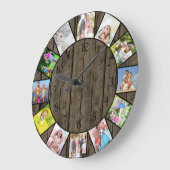 Aangepast 12 Photo Collage Rustic Dark Wood Round Grote Klok (Hoek)