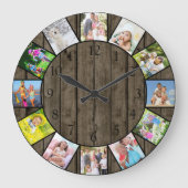 Aangepast 12 Photo Collage Rustic Dark Wood Round Grote Klok (Voorkant)