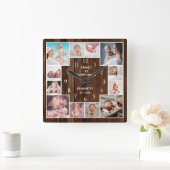 Aangepast 12-reeks fotocollage Rustic Brown Wood Vierkante Klok (Huis)