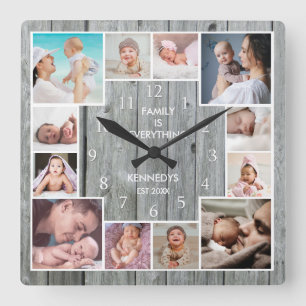 Aangepast 12-reeks fotocollage Rustic Grey Wood Vierkante Klok