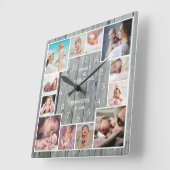 Aangepast 12-reeks fotocollage Rustic Grey Wood Vierkante Klok (Hoek)